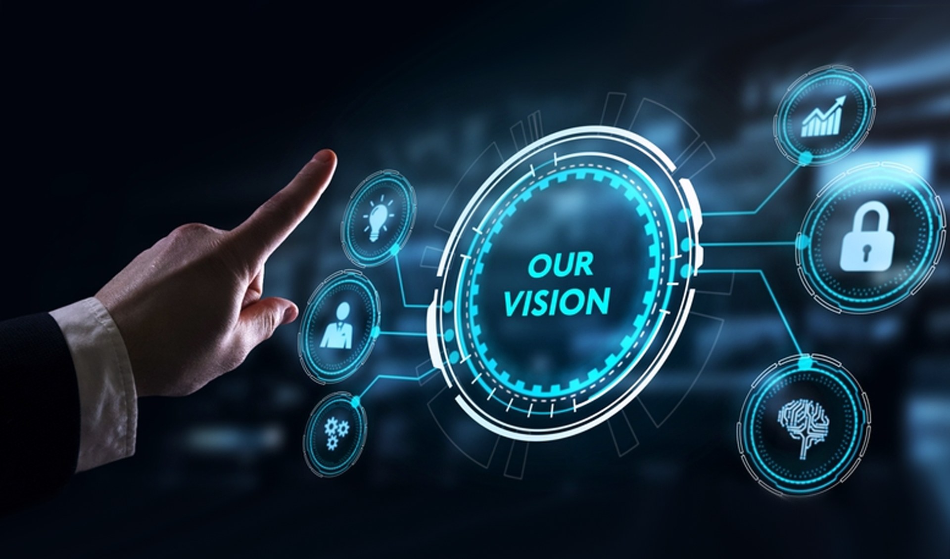 Futuristic illustration of a hand interacting with a holographic 'Our Vision' interface, symbolising ResolSoft's digital-first vision