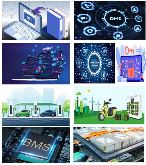 Collage of ResolSoft technology domains — OCR document scanning, secure DMS, blockchain, e-charging stations, EV batteries and Battery Management Systems