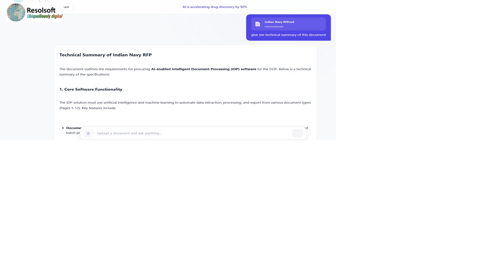 UBIDOCs Document AI Chat producing a technical summary of the Indian Navy RFP, with an upload-a-document-and-ask-anything prompt bar